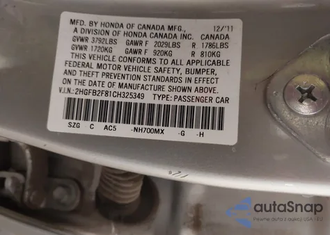 2012 Honda Civic Ex from USA, damaged, VIN 2HGFB2F81CH325349